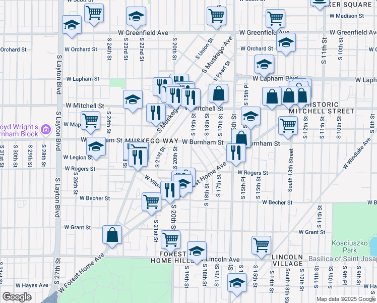 map of restaurants, bars, coffee shops, grocery stores, and more near 1927 South 19th Street in Milwaukee