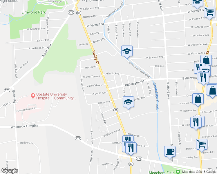 map of restaurants, bars, coffee shops, grocery stores, and more near 719 Valley Drive in Syracuse