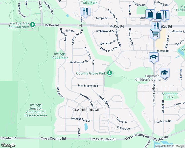 map of restaurants, bars, coffee shops, grocery stores, and more near 3810 Woodstone Drive in Madison
