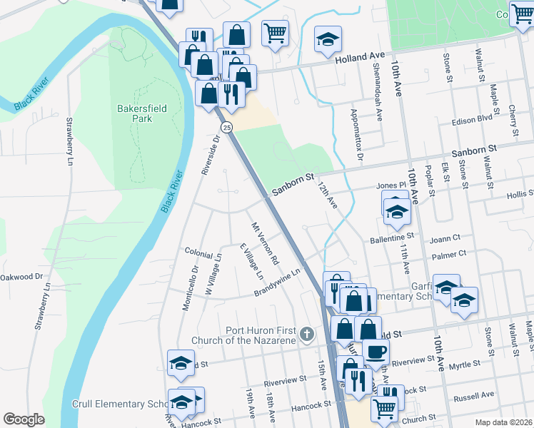 map of restaurants, bars, coffee shops, grocery stores, and more near 3239 Access Road in Port Huron