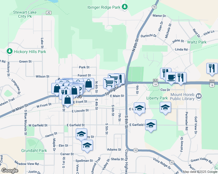 map of restaurants, bars, coffee shops, grocery stores, and more near 104 Thompson in Mount Horeb