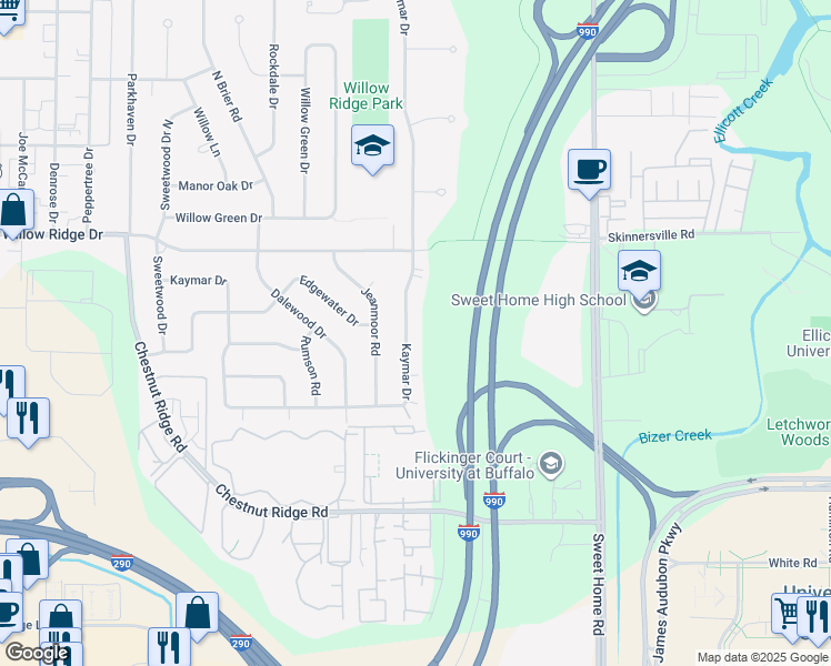 map of restaurants, bars, coffee shops, grocery stores, and more near 419 Kaymar Drive in Buffalo