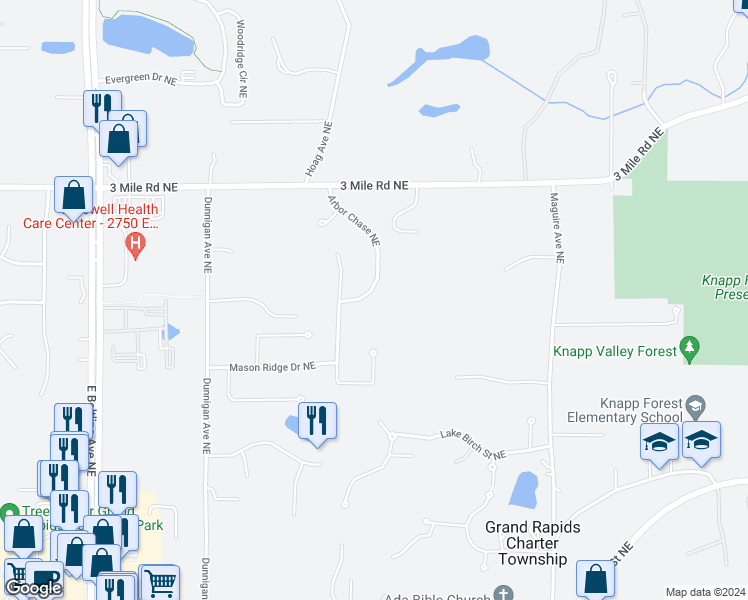map of restaurants, bars, coffee shops, grocery stores, and more near 2628 Arbor Chase Northeast in Grand Rapids