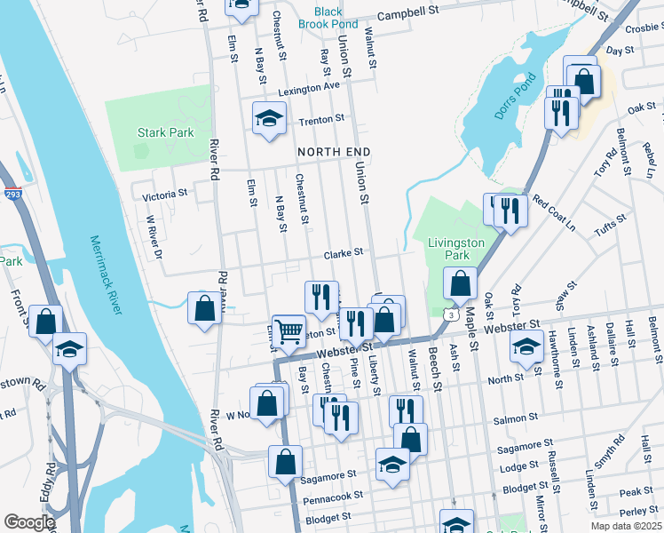 map of restaurants, bars, coffee shops, grocery stores, and more near 80 North Adams Street in Manchester