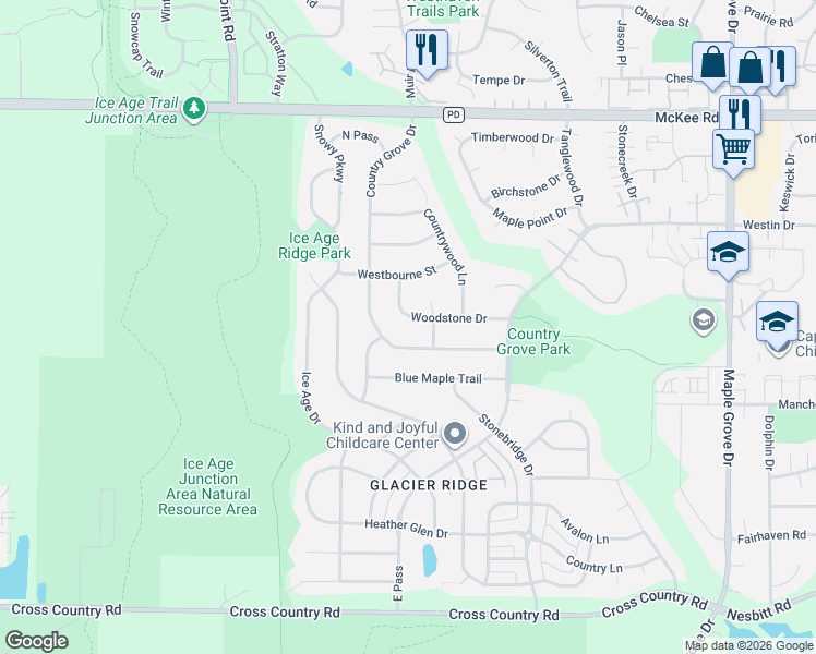 map of restaurants, bars, coffee shops, grocery stores, and more near 3734 Woodstone Drive in Madison