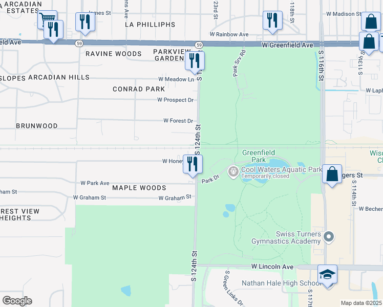 map of restaurants, bars, coffee shops, grocery stores, and more near 1905 South 124th Street in New Berlin