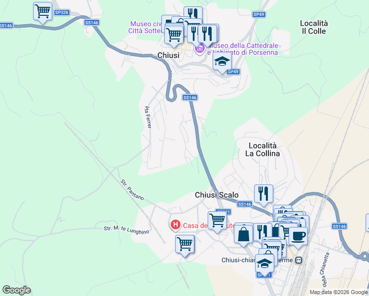 map of restaurants, bars, coffee shops, grocery stores, and more near 16 Piazzale Lumumba in Chiusi