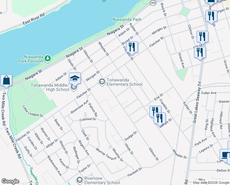 map of restaurants, bars, coffee shops, grocery stores, and more near 181 Gibson Street in Tonawanda