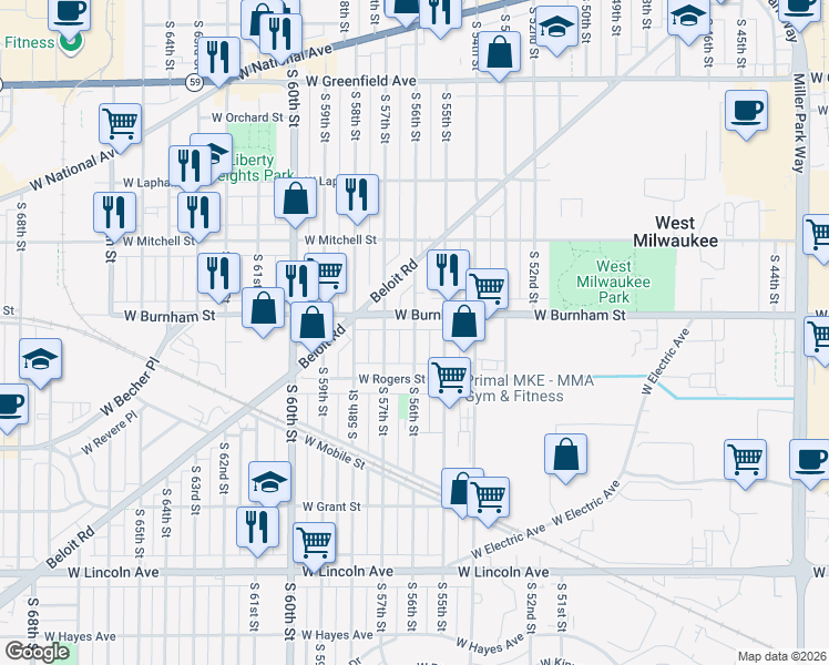 map of restaurants, bars, coffee shops, grocery stores, and more near 1928 S 56th St in West Allis