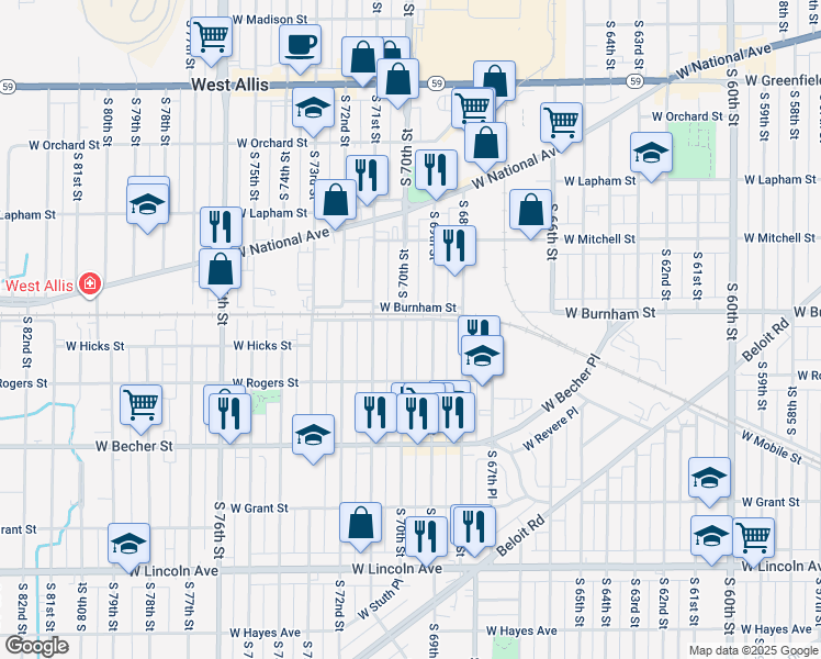 map of restaurants, bars, coffee shops, grocery stores, and more near 1908 South 70th Street in West Allis