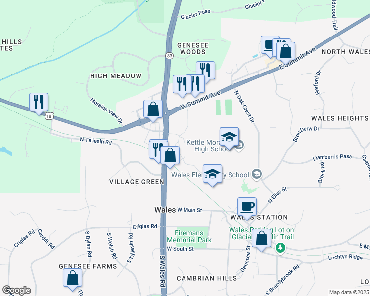 map of restaurants, bars, coffee shops, grocery stores, and more near 218 Lincolnshire Place in Wales