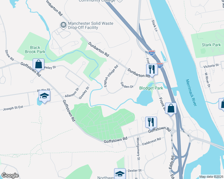map of restaurants, bars, coffee shops, grocery stores, and more near 111 English Village Road in Manchester