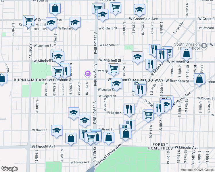 map of restaurants, bars, coffee shops, grocery stores, and more near 2602 West Legion Street in Milwaukee