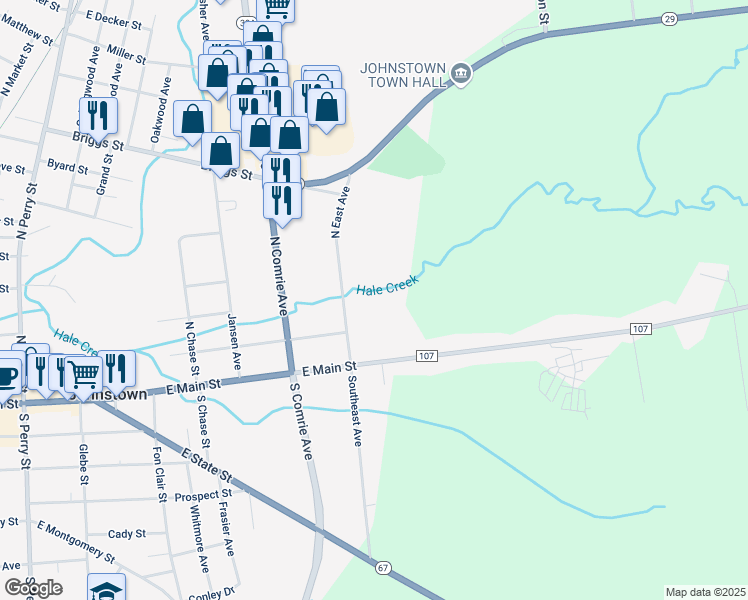map of restaurants, bars, coffee shops, grocery stores, and more near 16 North East Avenue in Johnstown