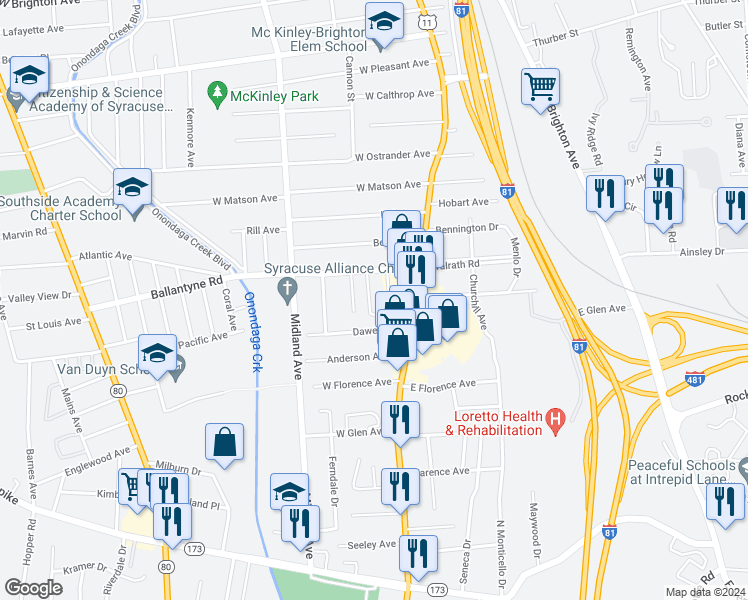 map of restaurants, bars, coffee shops, grocery stores, and more near 149 Sheldon Avenue in Syracuse