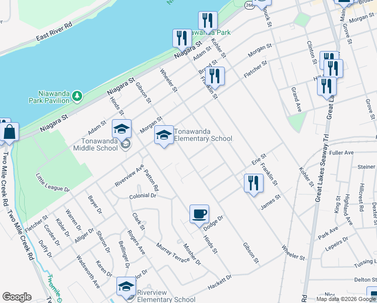 map of restaurants, bars, coffee shops, grocery stores, and more near 31 Moyle Avenue in Tonawanda
