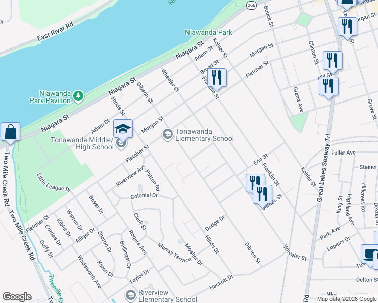 map of restaurants, bars, coffee shops, grocery stores, and more near 181 Gibson Street in Tonawanda