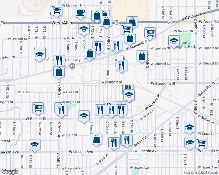 map of restaurants, bars, coffee shops, grocery stores, and more near 1927 South 70th Street in West Allis