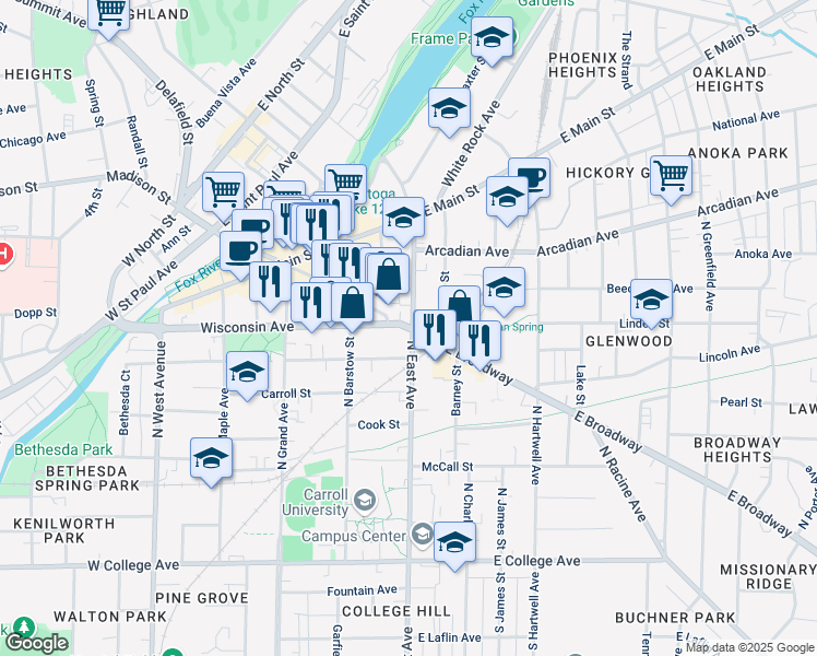 map of restaurants, bars, coffee shops, grocery stores, and more near 101 West Broadway in Waukesha