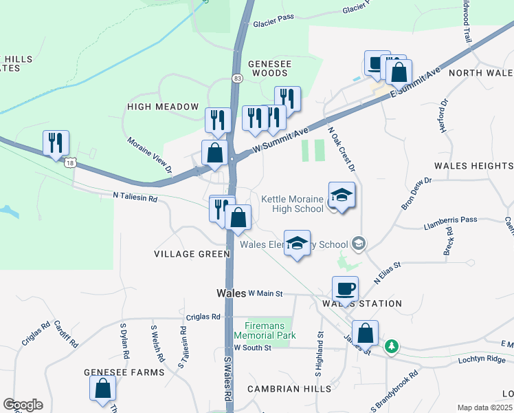 map of restaurants, bars, coffee shops, grocery stores, and more near 218 Lincolnshire Place in Wales