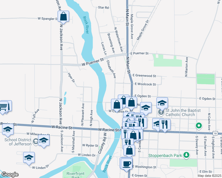 map of restaurants, bars, coffee shops, grocery stores, and more near 411 North Elizabeth Avenue in Jefferson