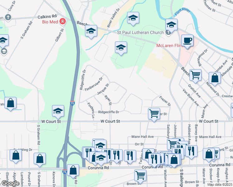 map of restaurants, bars, coffee shops, grocery stores, and more near 3213 Steeplechase Court in Flint