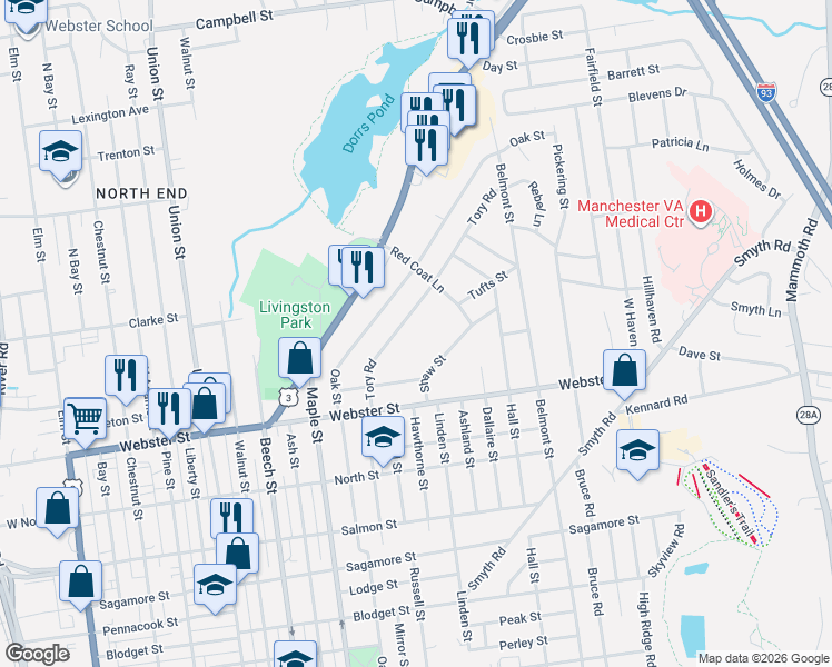 map of restaurants, bars, coffee shops, grocery stores, and more near 151 Tory Road in Manchester