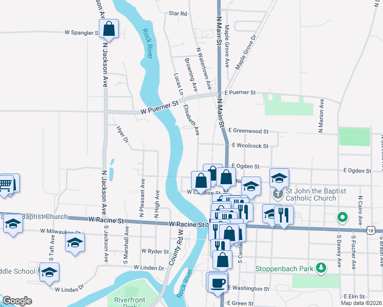 map of restaurants, bars, coffee shops, grocery stores, and more near 421 North Elizabeth Avenue in Jefferson