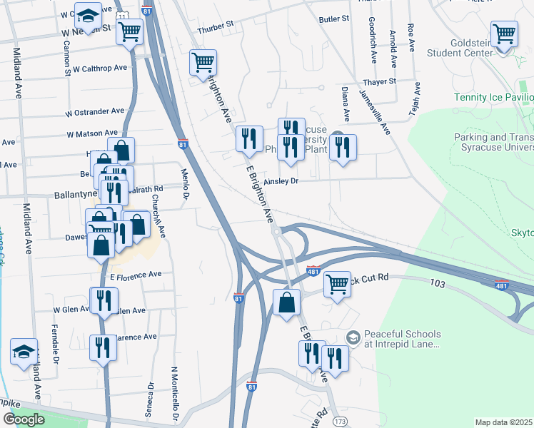 map of restaurants, bars, coffee shops, grocery stores, and more near 714 East Brighton Avenue in Syracuse