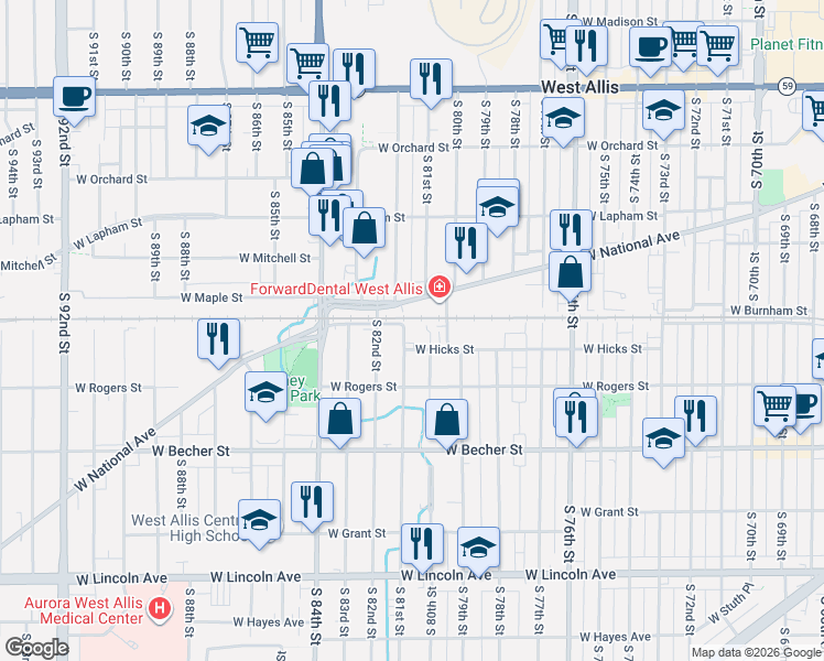 map of restaurants, bars, coffee shops, grocery stores, and more near 1910 South 81st Street in West Allis