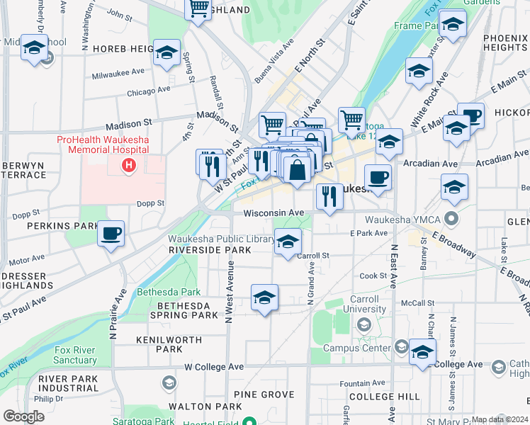 map of restaurants, bars, coffee shops, grocery stores, and more near 406 Wisconsin Avenue in Waukesha