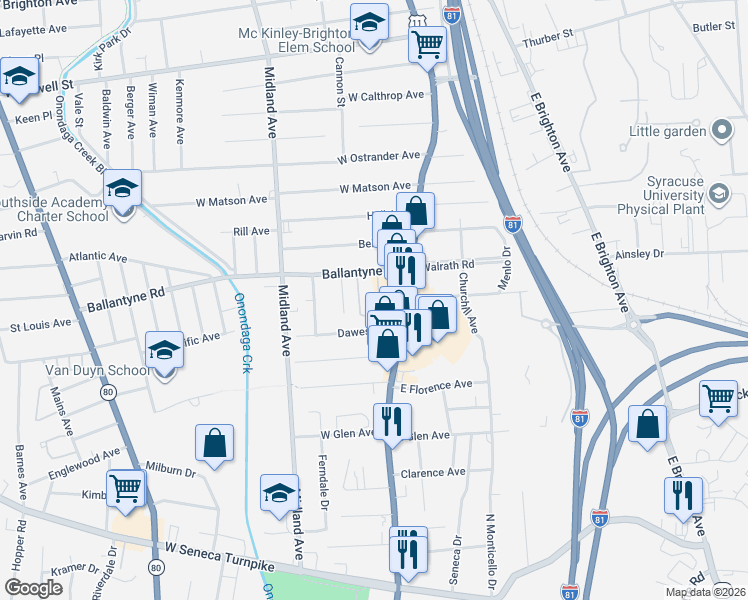 map of restaurants, bars, coffee shops, grocery stores, and more near 149 Sheldon Avenue in Syracuse
