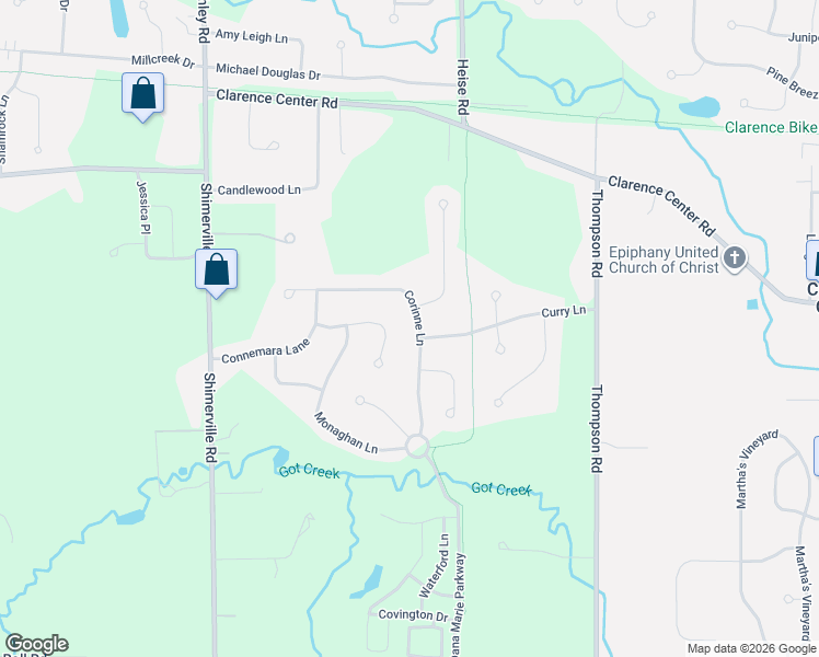 map of restaurants, bars, coffee shops, grocery stores, and more near 5956 Corinne Lane in Clarence Center