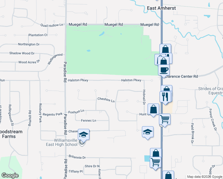 map of restaurants, bars, coffee shops, grocery stores, and more near 36 Valley Brook Lane in East Amherst