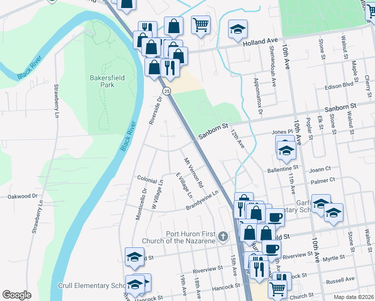 map of restaurants, bars, coffee shops, grocery stores, and more near 3239 Access Road in Port Huron
