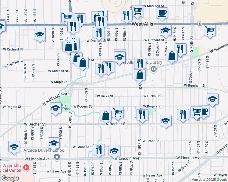 map of restaurants, bars, coffee shops, grocery stores, and more near 7840 West Hicks Street in West Allis