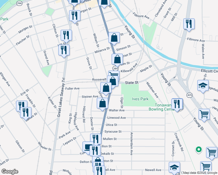 map of restaurants, bars, coffee shops, grocery stores, and more near 363 Delaware Street in Tonawanda