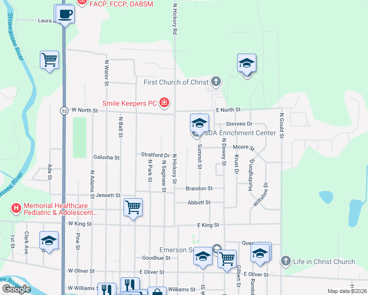 map of restaurants, bars, coffee shops, grocery stores, and more near 1107 Dingwall Drive in Owosso