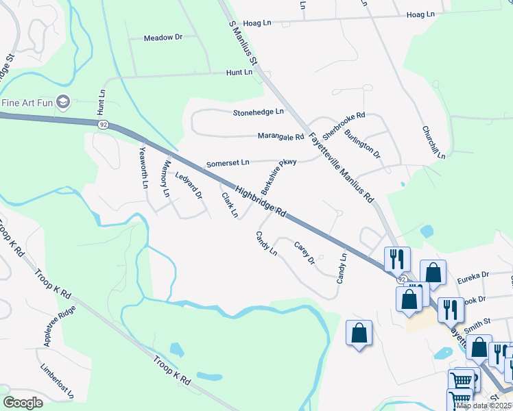 map of restaurants, bars, coffee shops, grocery stores, and more near 4890 Clark Lane in Manlius