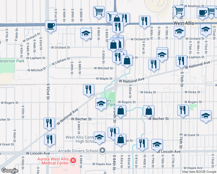 map of restaurants, bars, coffee shops, grocery stores, and more near 8440 West National Avenue in West Allis