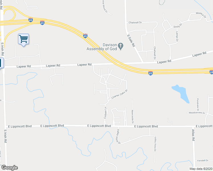 map of restaurants, bars, coffee shops, grocery stores, and more near 15399 Charter Oaks Drive in Davison