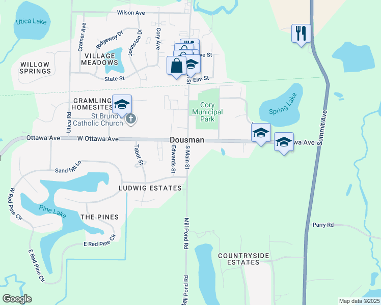 map of restaurants, bars, coffee shops, grocery stores, and more near 235 South Main Street in Dousman