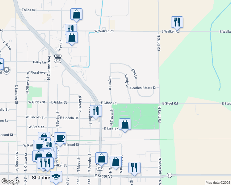 map of restaurants, bars, coffee shops, grocery stores, and more near 709 East Gibbs Street in Saint Johns