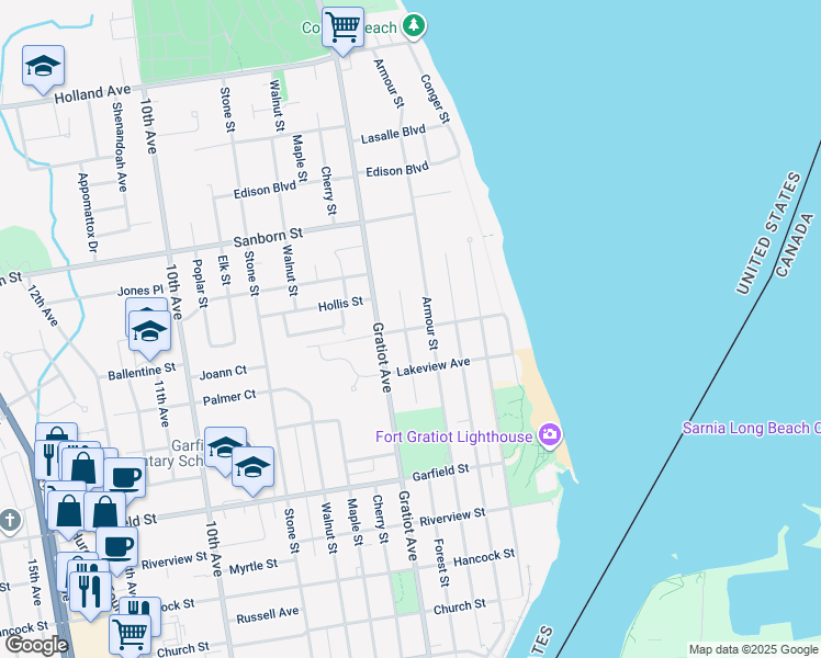 map of restaurants, bars, coffee shops, grocery stores, and more near 3100 Forest Street in Port Huron
