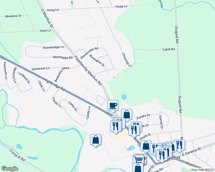 map of restaurants, bars, coffee shops, grocery stores, and more near 4921 Fayetteville Manlius Road in Manlius