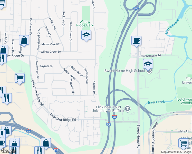 map of restaurants, bars, coffee shops, grocery stores, and more near 419 Kaymar Drive in Buffalo
