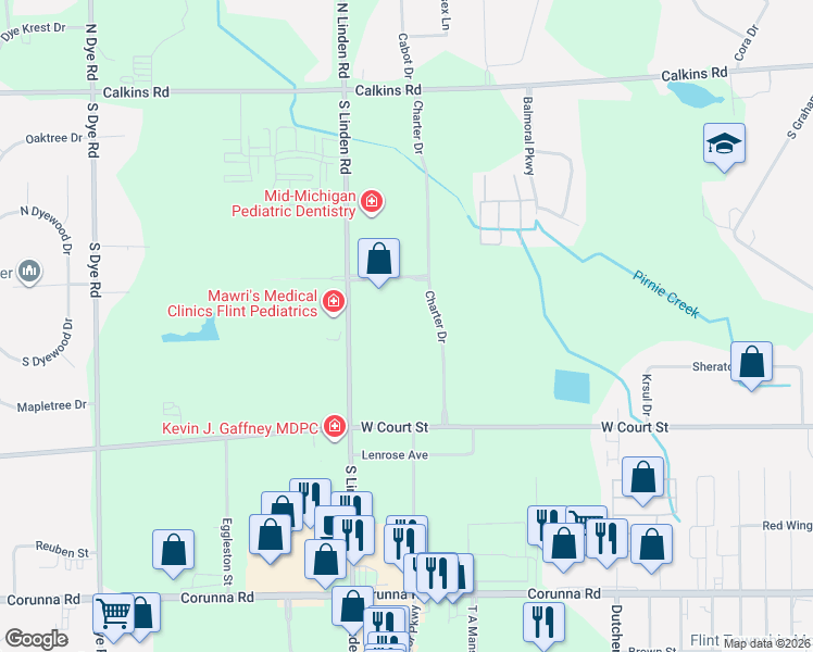 map of restaurants, bars, coffee shops, grocery stores, and more near 4444 West Court Street in Flint