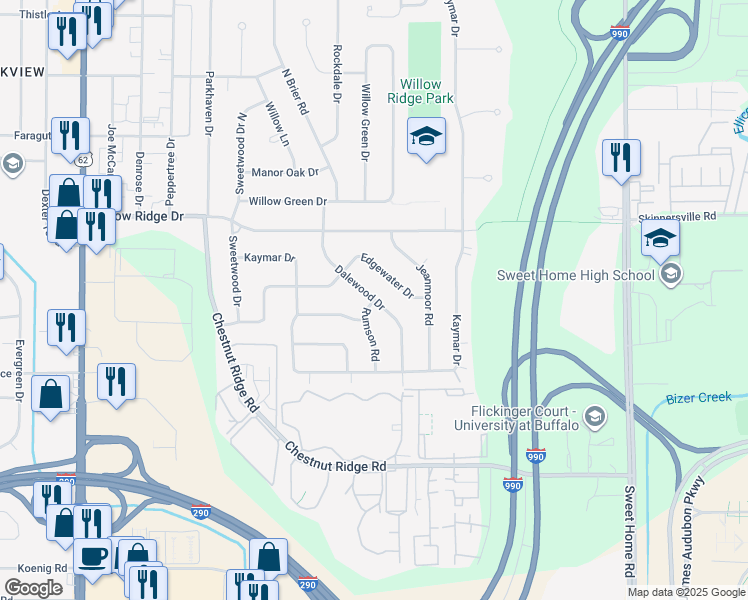 map of restaurants, bars, coffee shops, grocery stores, and more near 76 Dalewood Drive in Buffalo