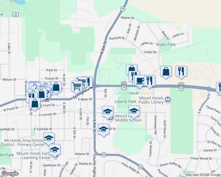 map of restaurants, bars, coffee shops, grocery stores, and more near 951 Springdale Street in Mount Horeb