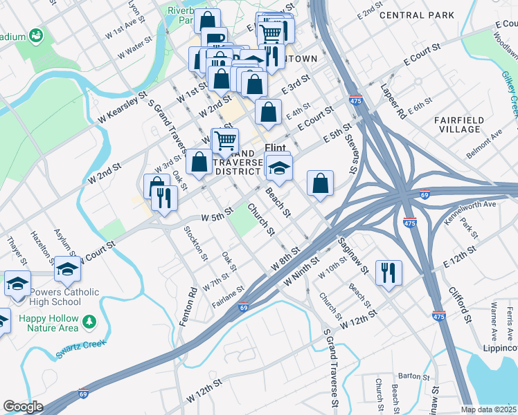 map of restaurants, bars, coffee shops, grocery stores, and more near 1111 Church Street in Flint